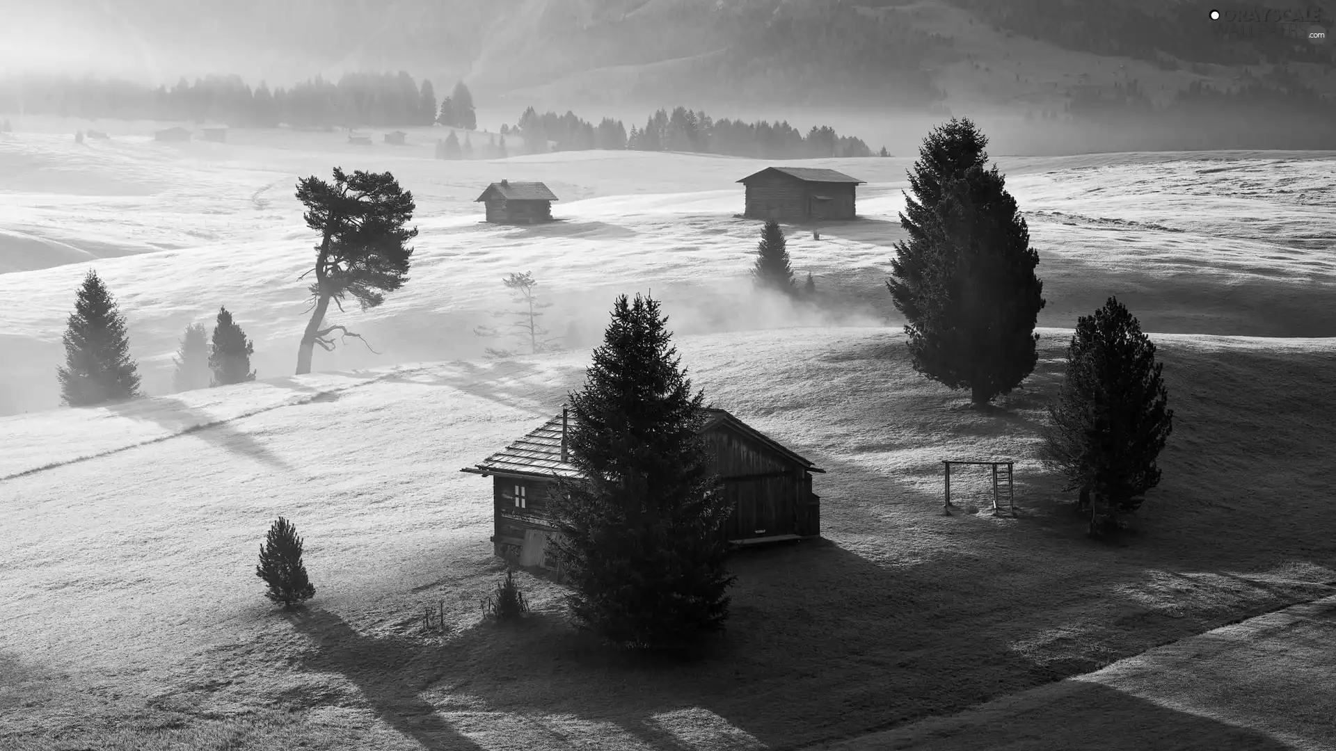 Houses, Seiser Alm Meadow, Mountains, viewes, Dolomites, Italy, Val Gardena Valley, Fog, trees, wood
