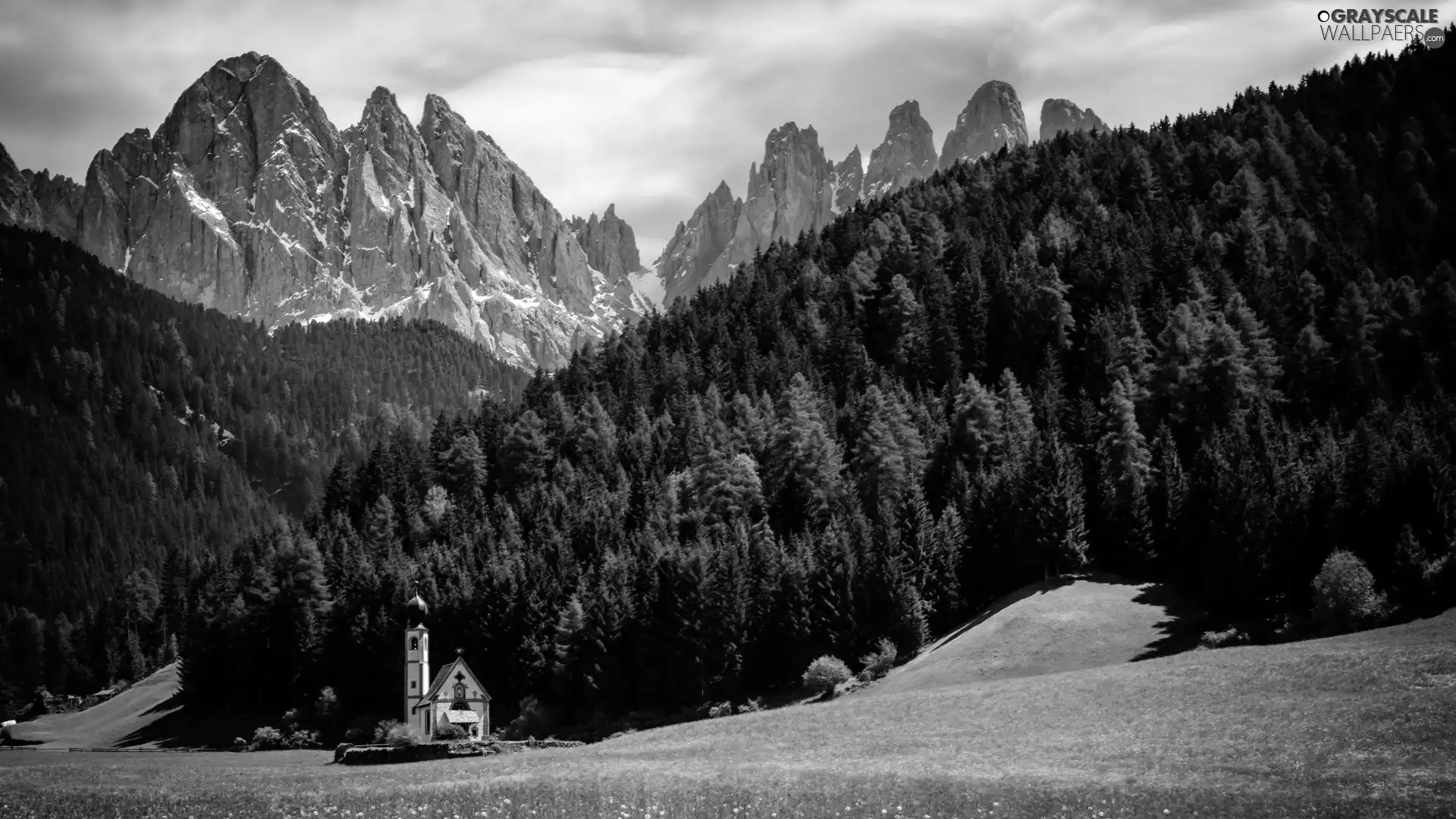 Massif Odle, forest, clouds, Val di Funes Valley, Church of St. John, Dolomites Mountains, Italy