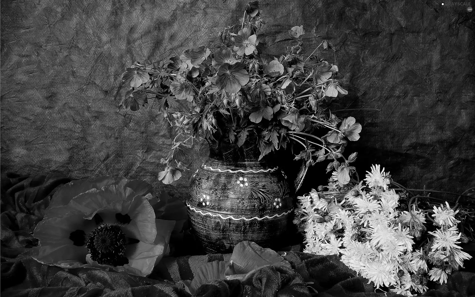 Vase, composition, flowers, papavers, Bouquets