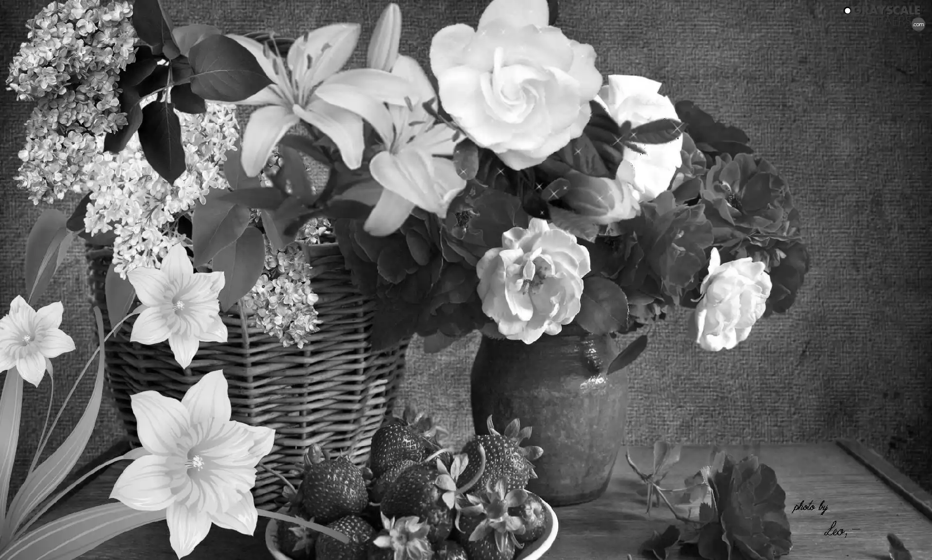 Flowers, basket, Vase, strawberries