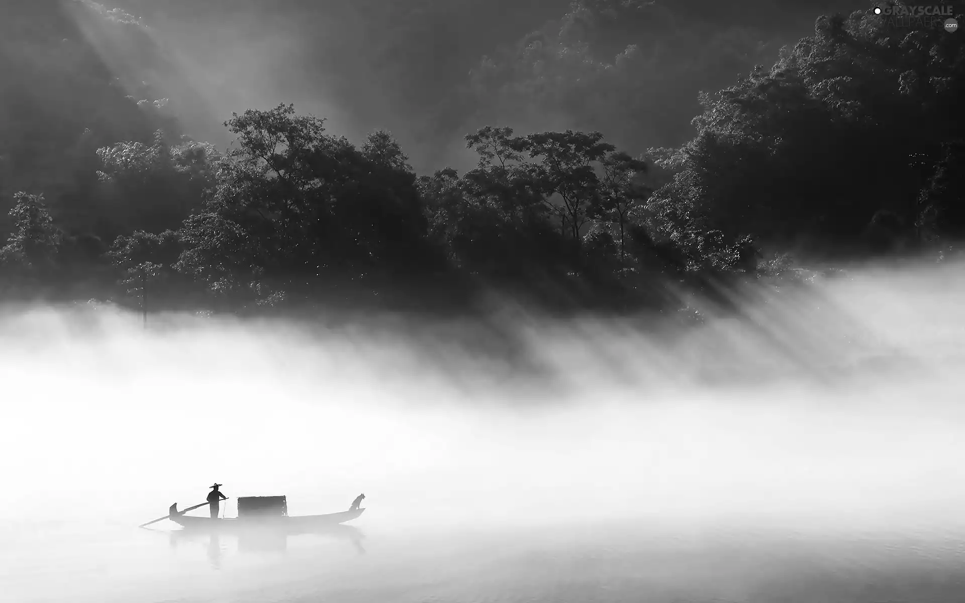 viewes, Boat, Fog, trees, River