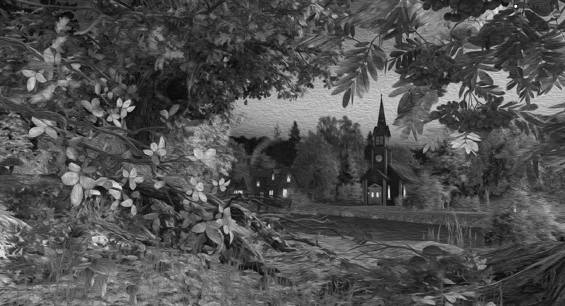 Leaf, trees, Church, viewes, autumn, River, graphics