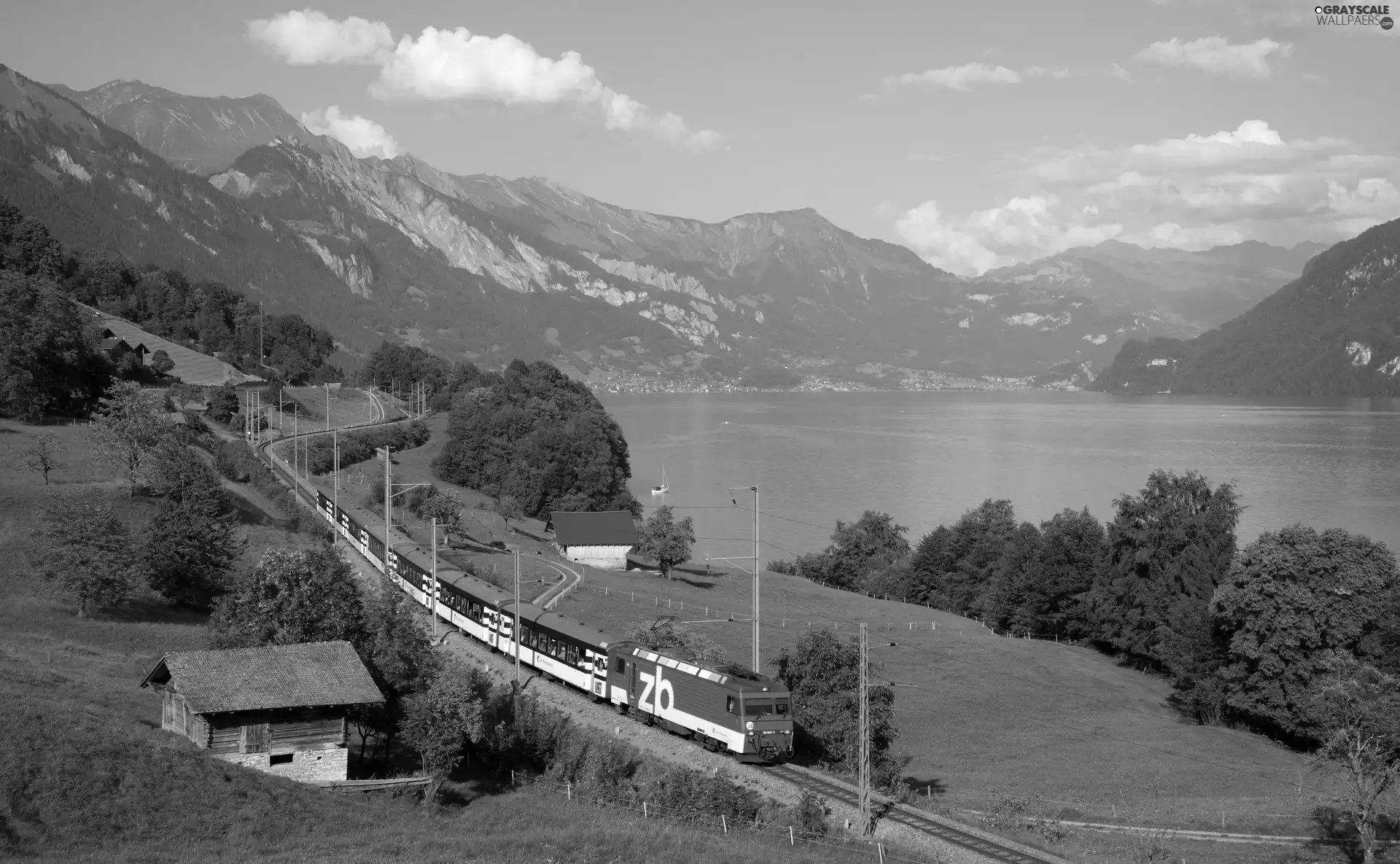 Mountains, Train, viewes, lake, trees, electric