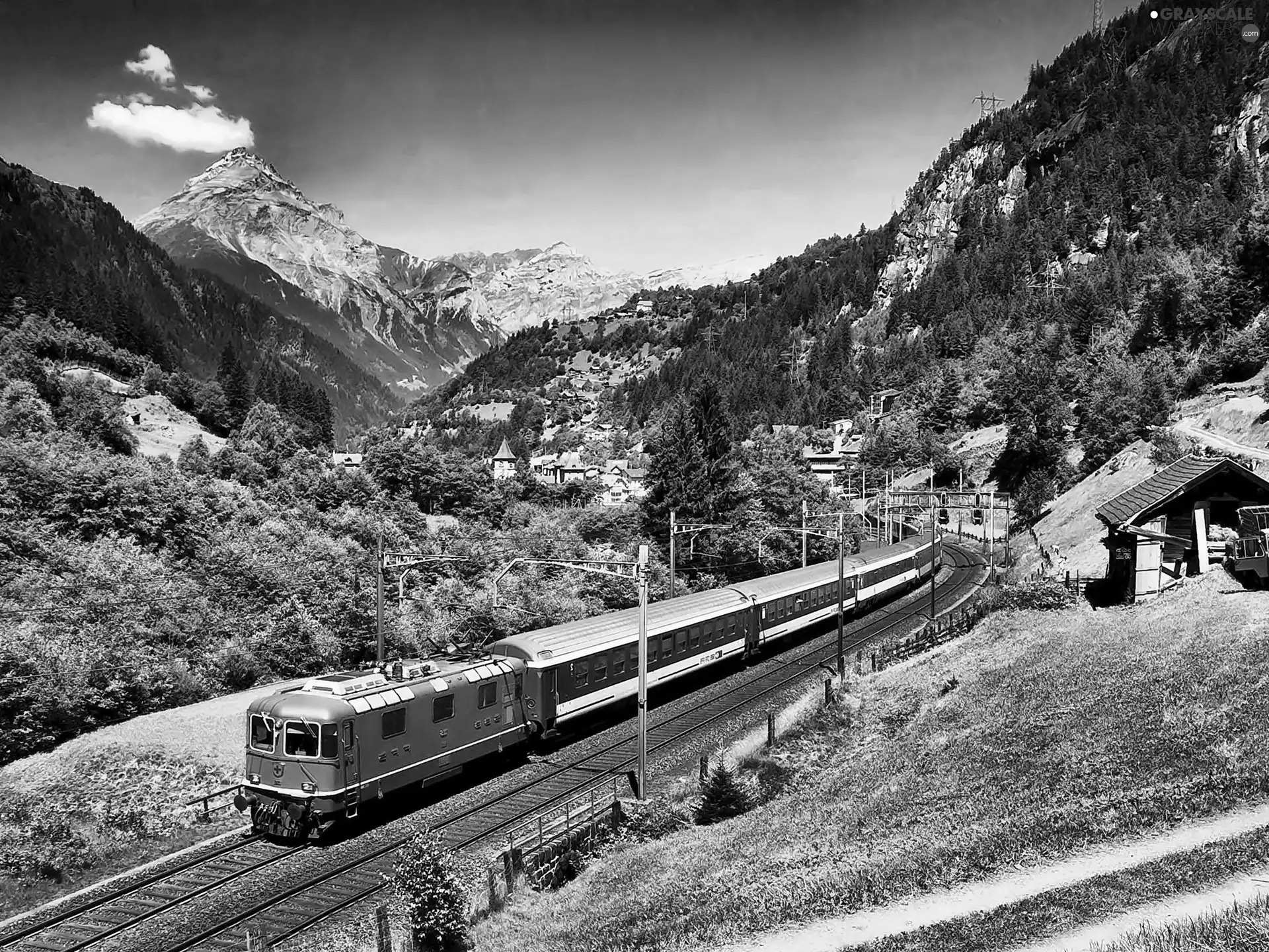 village, Train, woods, Valley, Alps
