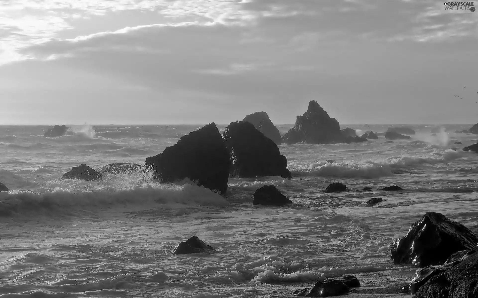 sea, rocks, Waves, Sunrise