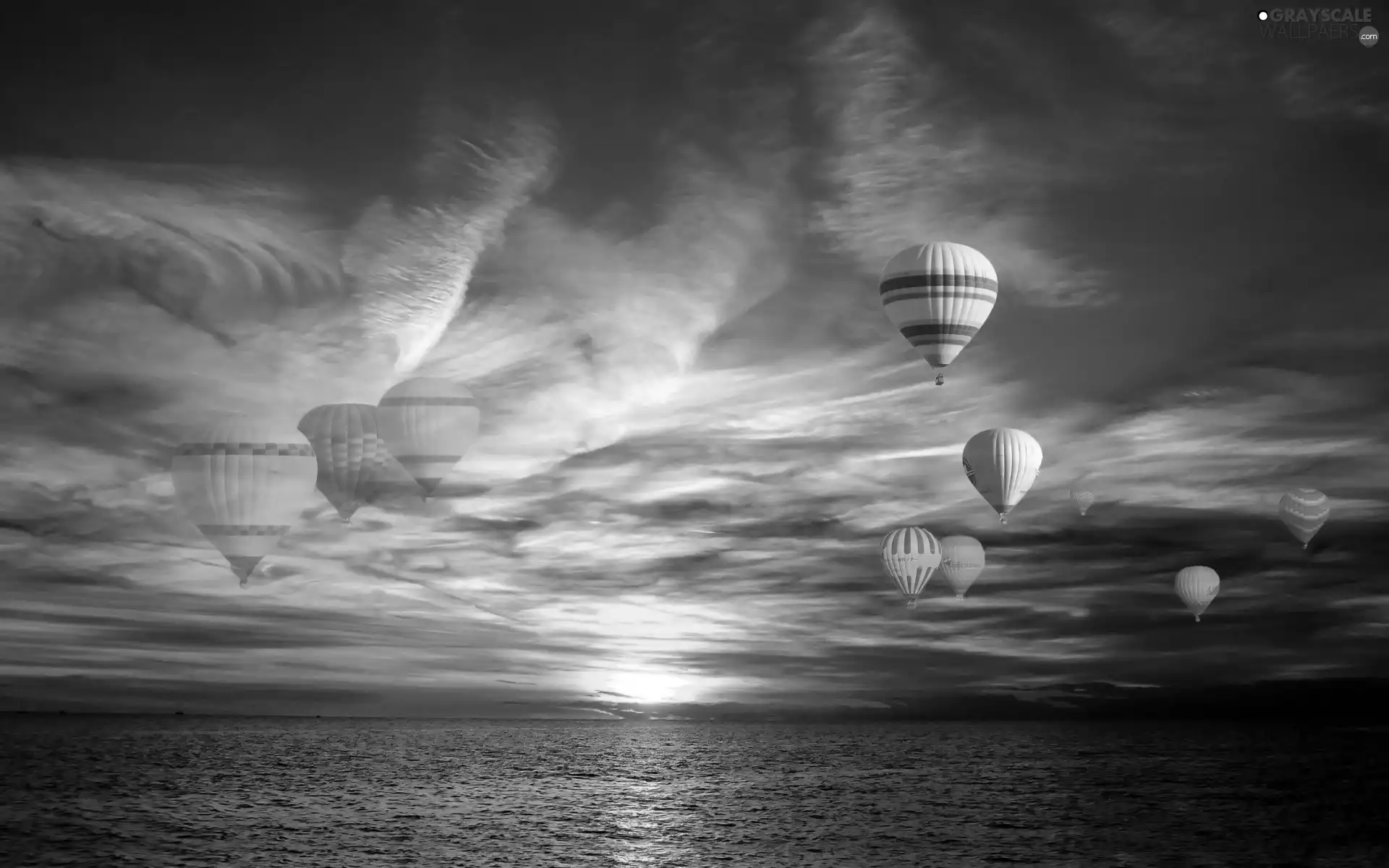 west, sun, sea, clouds, Balloons