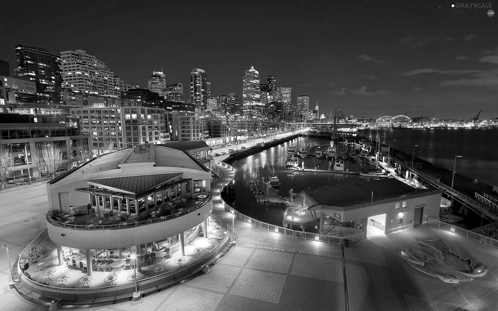 Marina, Seattle, wharf, Restaurant, Yachts, night