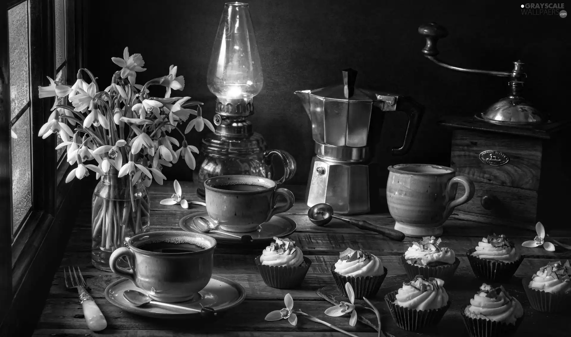 Window, composition, Lamp, bouquet, mill, Coffee Percolator, coffee, Muffins, snowdrops