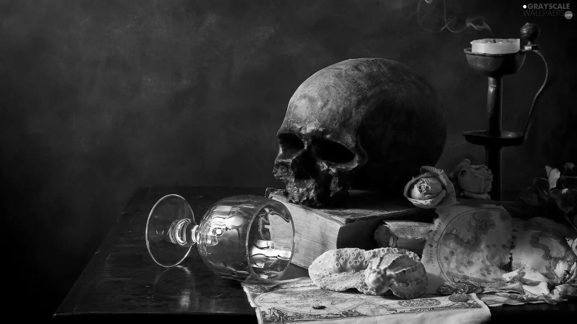 composition, wine glass, candle, skull