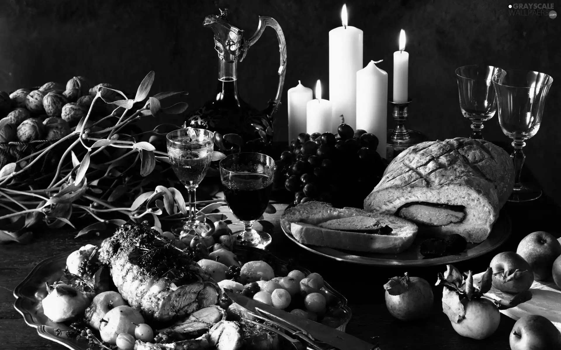 potatoes, apples, nuts, Wine, Candles, meat, baked, White