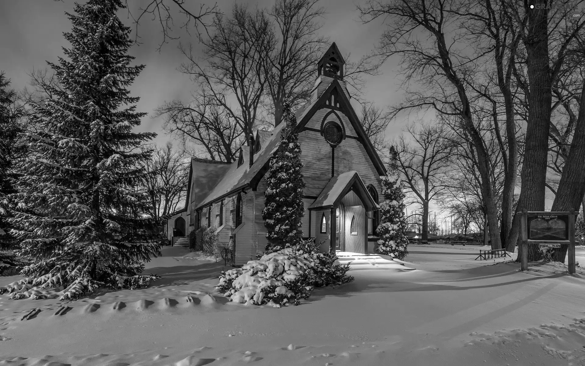 church, viewes, winter, trees