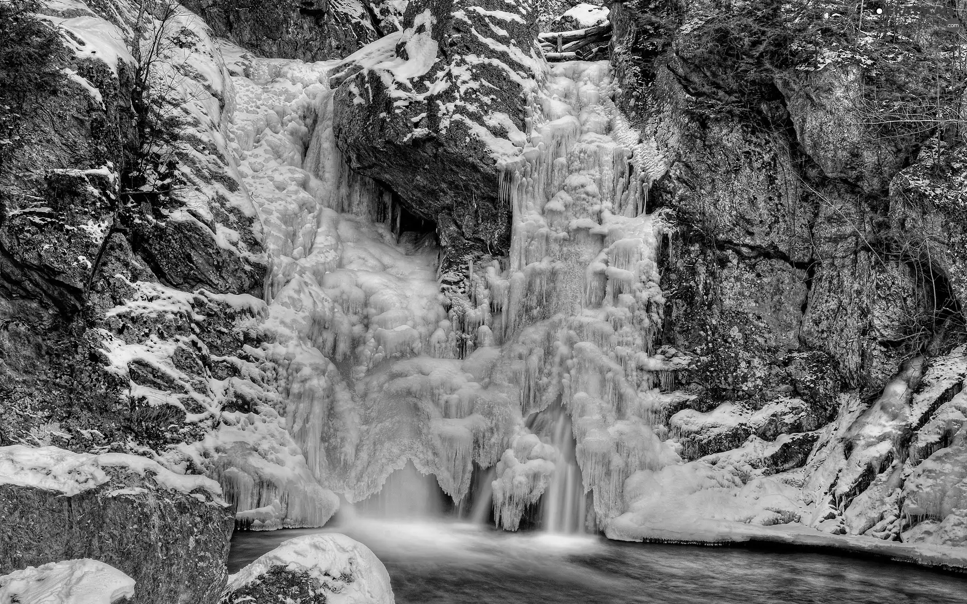 frozen, rocks, winter, waterfall