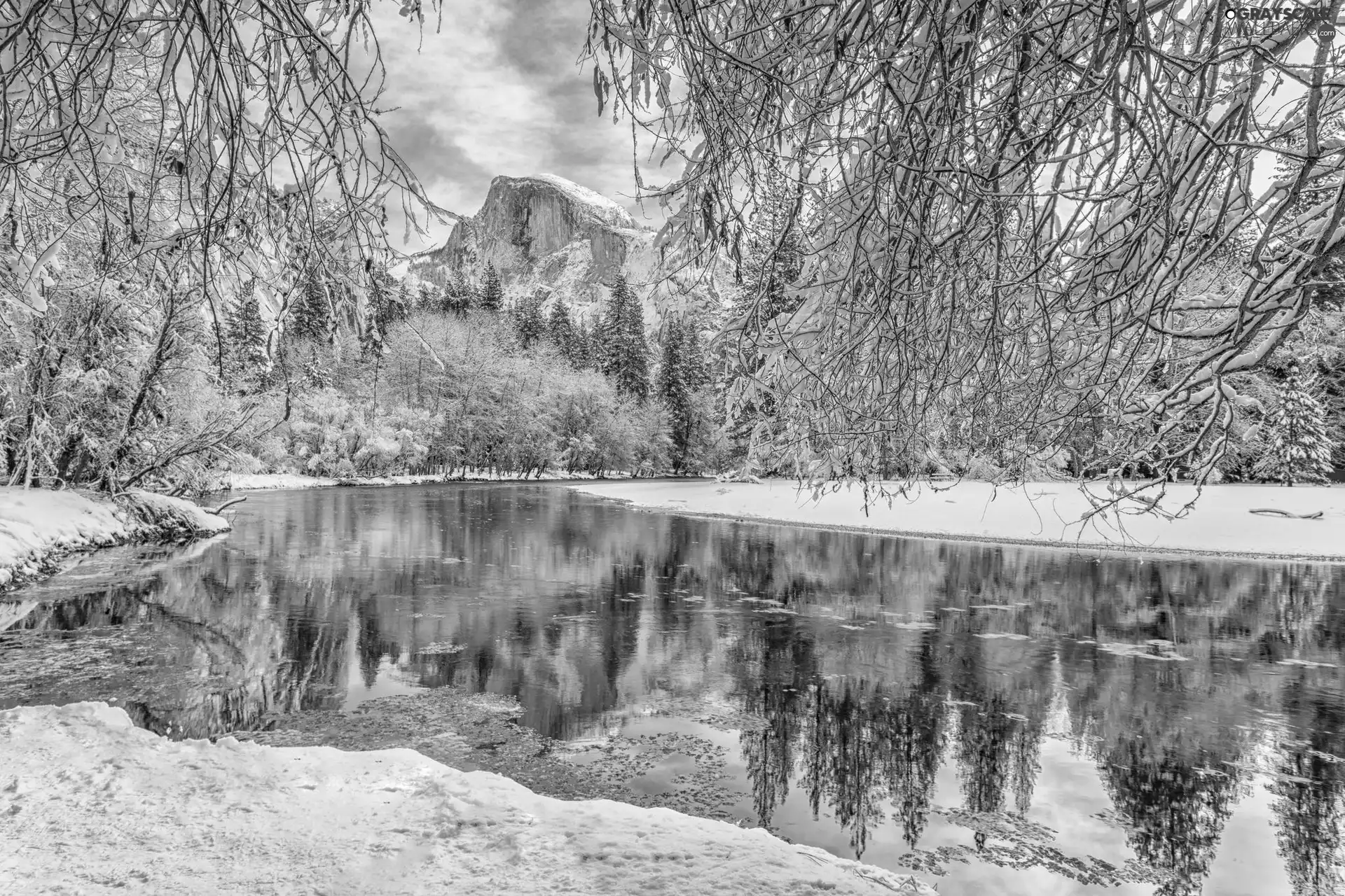 State of California, The United States, Yosemite National Park, winter, trees, viewes, Mountains, forest, Merced River
