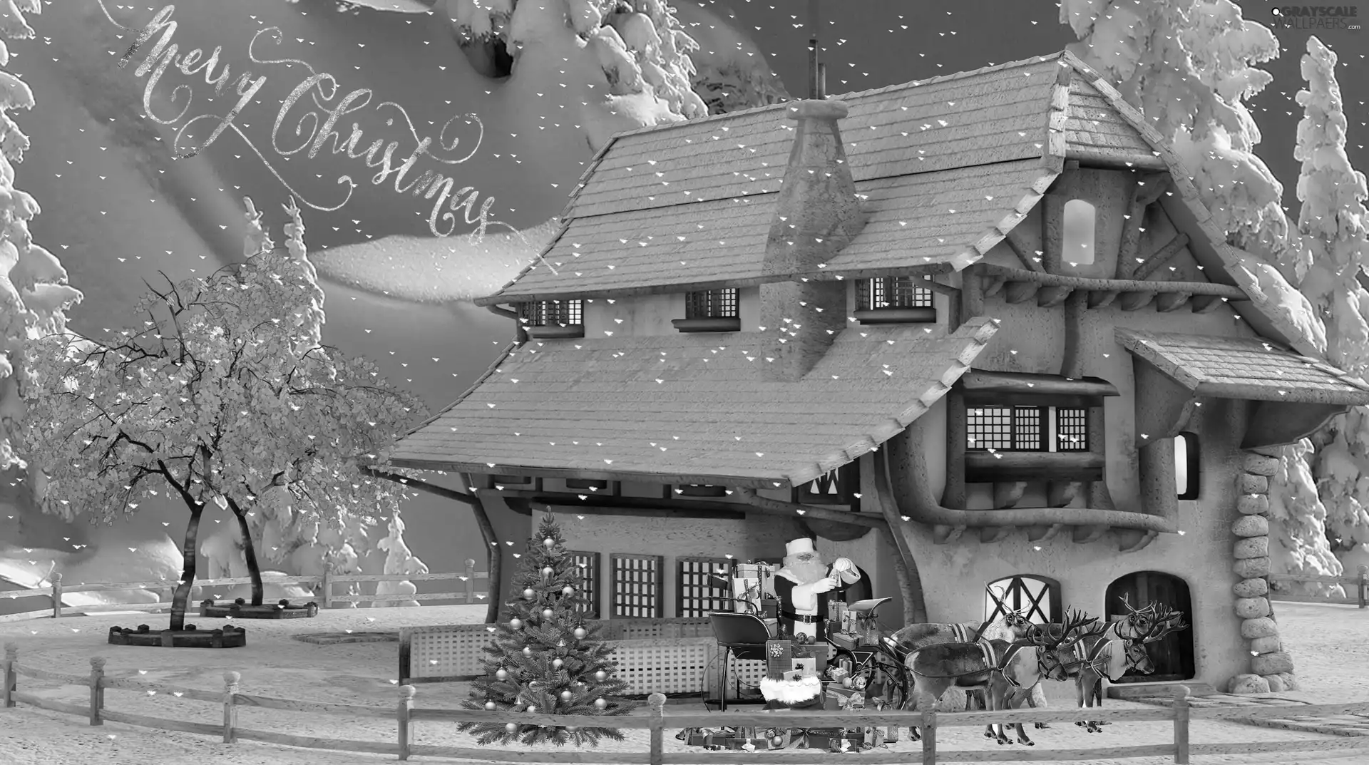 house, Christmas, Santa, christmas tree, fence, graphics, ##, snow, winter, text, team