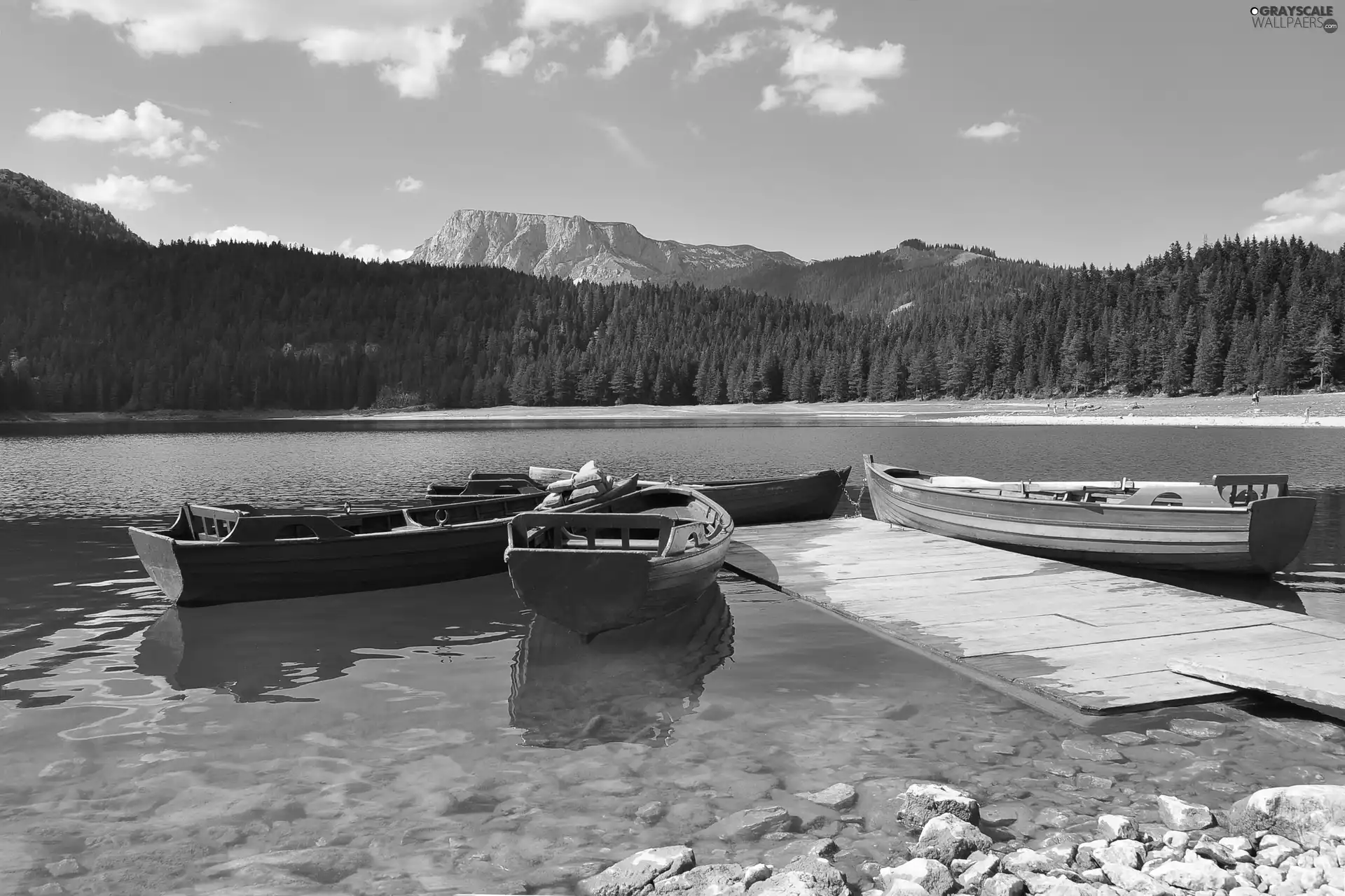 lake, Mountains, woods, Boats