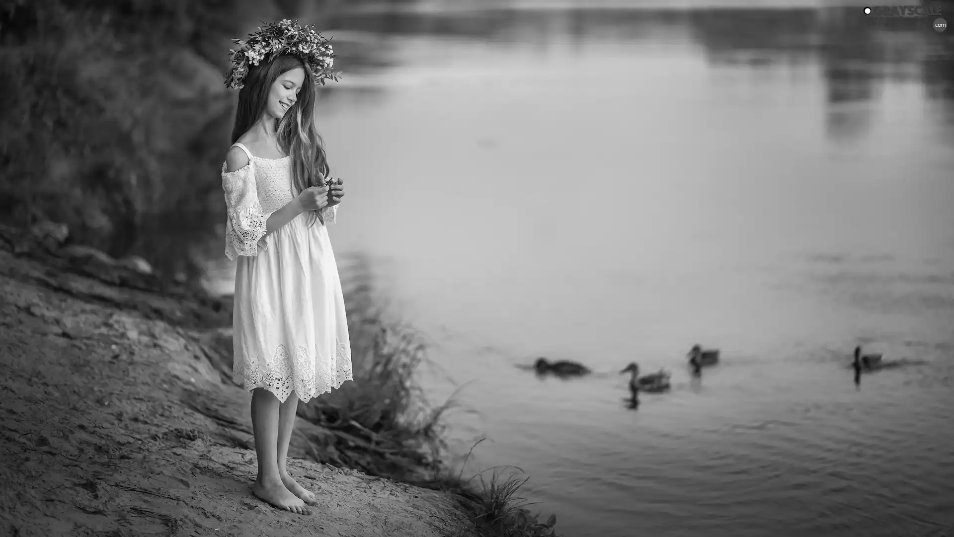 girl, River, ducks, wreath