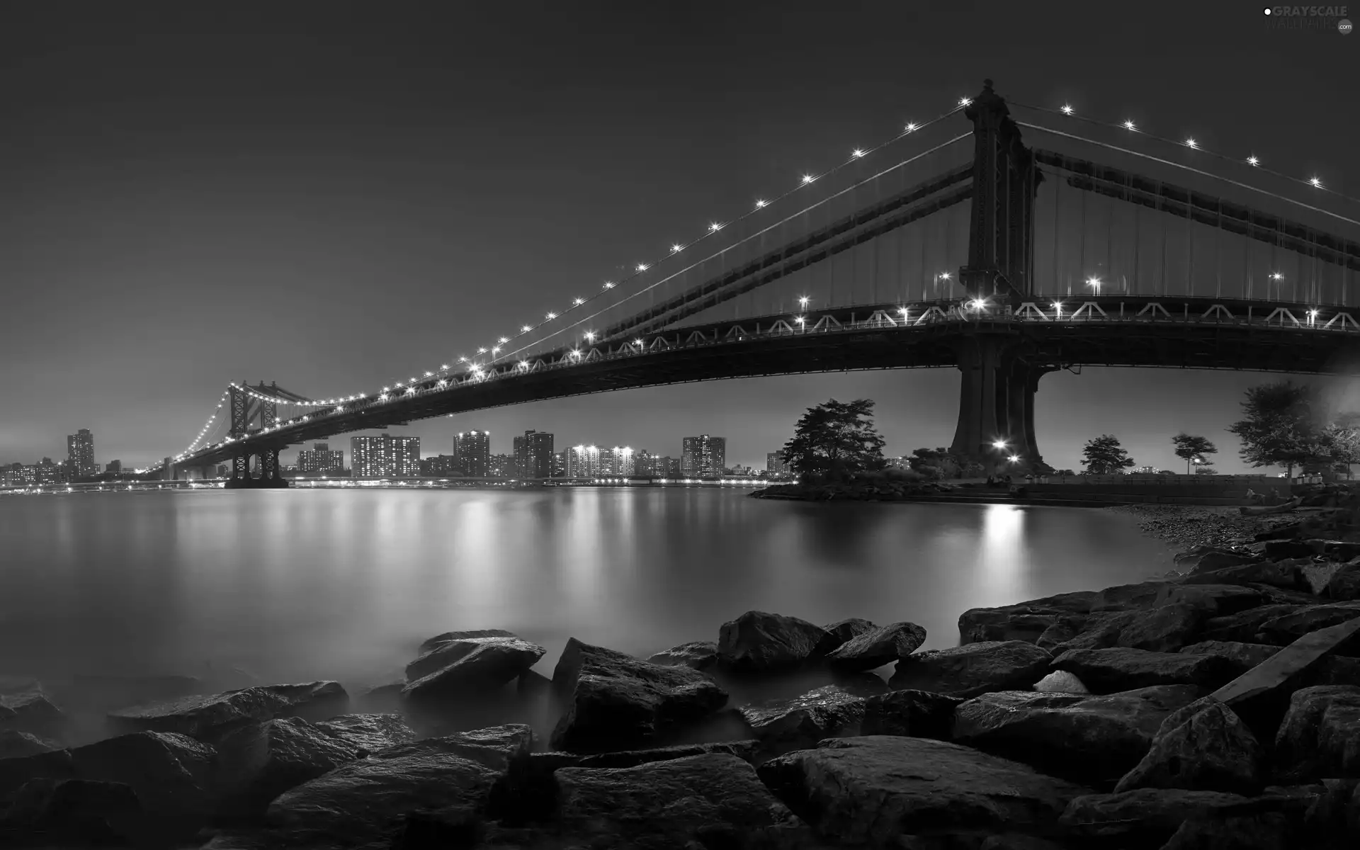 Stones, pendant, Manhattan, River, bridge, Night, Nowy York