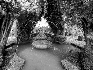 fountain, Granada, trees, Park, Spain, alley, viewes