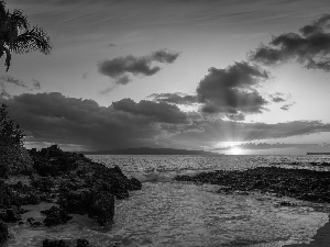 rocks, Maui Island, Great Sunsets, sea, Aloha State Hawaje, Palms, clouds