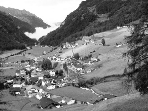 Alps, Austria, Mountains, woods, Houses