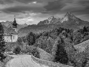 trees, Church, Way, viewes, Salzburg Slate Alps, Germany, Bavaria, autumn, Sanctuary of Maria Gern, Berchtesgaden, Mountains