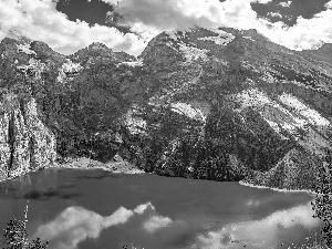 Canton of Bern, Mountains, clouds, Bernese Alps, Switzerland, Oeschinen Lake, reflection