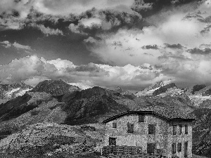 Alps, Switzerland, Mountains, clouds, house