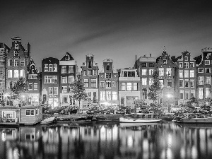 Houses, River, Amsterdam, Netherlands, lanterns, Boats