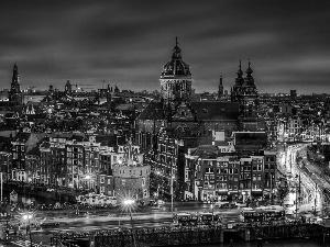 Night, Churches, panorama, Streets, Houses, Amsterdam, town