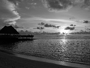 house, Beaches, an, piles, west, sun, sea, clouds, pier