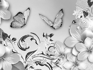 Flowers, butterflies, Art, Plumeria