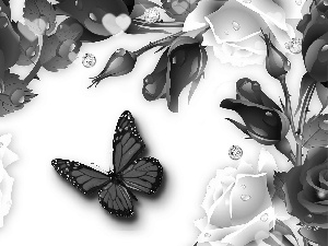 Flowers, butterfly, Art, roses