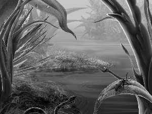 lake, Snake, Art, Plants