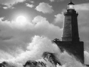 Lighthouse, Waves, Art, sea