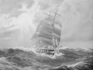 sea, sailing vessel, Art, Waves