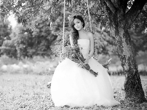 Asian, bouquet, Swing, Flowers, viewes, girl, young lady, trees