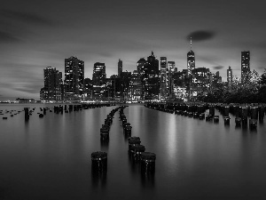 City at Night, New York, sea, Gulf, skyscrapers