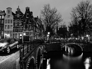 Automobile, Honda, night, canal, Amsterdam