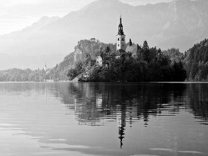 autumn, lake, Island, Mountains, Church