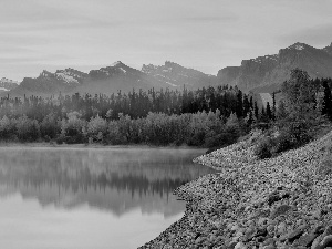 lake, woods, autumn, Mountains