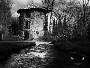 Windmill, River, autumn, water