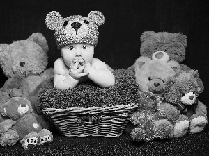 basket, Bonnet, bear, Blanket, Kid, toys, Black Background