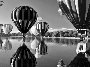 River, trees, Balloons, reflection, color, viewes