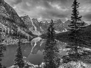 Banff National Park, Lake Moraine, Spruces, Mountains, viewes, Province of Alberta, Canada, trees