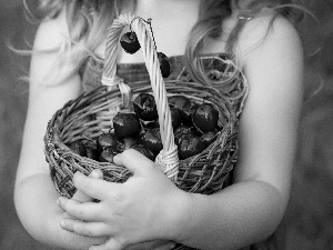 girl, cherries, basket, hands