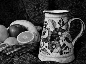 jug, basket, bananas, Fruits, apples, textile, composition, orange