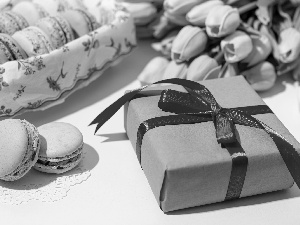 napkin, Tulips, Macaroons, basket, Flowers, Cookies, Present