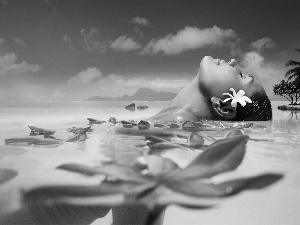 bath, Tahiti, Flowers, sea, Women