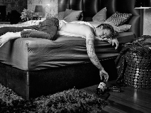 White Bed, dream, a man, Tattoo, sleepy