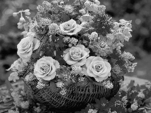 Bench, Garden, flowers, basket, bouquet